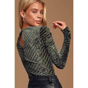 Lulus Save The Date Olive Green Velvet Striped Long Sleeve Bodysuit - Size M